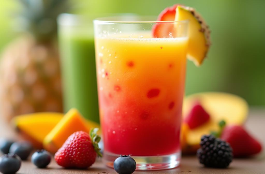 Delicious vibrant smoothie with fresh fruits background
