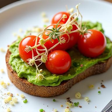 Avocado toast with cherry tomatoes and sprouts